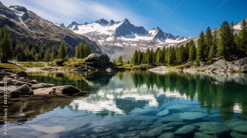 Fototapeta premium Serene mountain lake with snow-capped peaks