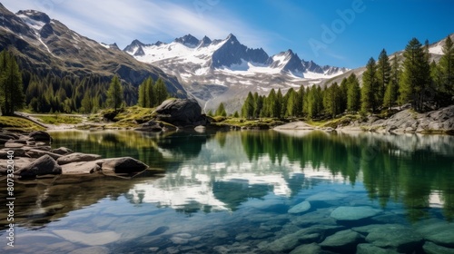 Serene mountain lake with snow-capped peaks