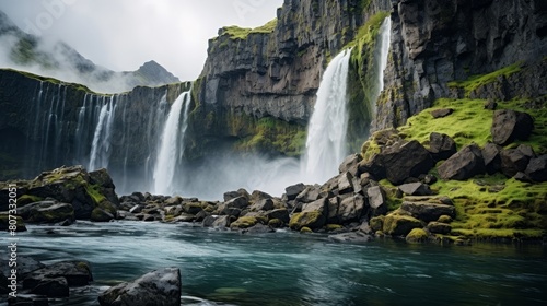 Breathtaking waterfall in a rugged  mossy landscape