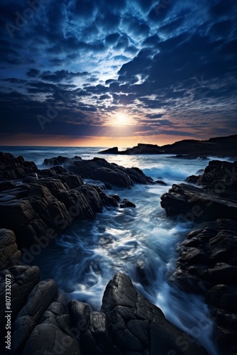 Dramatic sunset over rocky coastline