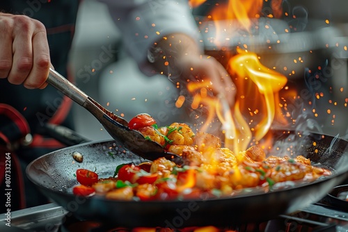 Close-up Professional chef hands cook food with fire in kitchen at restaurant.