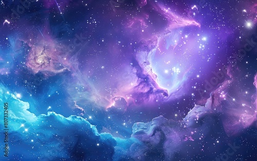 Cosmic blend of blue and purple nebulae scattered with twinkling stars.