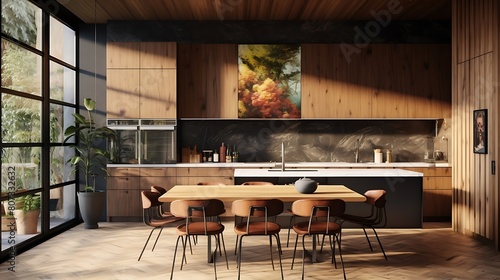 a sophisticated kitchen ambiance with AI-generated imagery showcasing detailed wooden art installations throughout photo