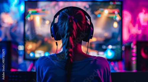 A woman sits in front of a TV, wearing headphones and focusing on the screen.