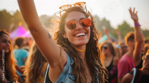A woman in sunglasses enjoying a music festival.