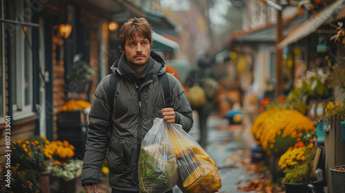 Man in Winter Jacket Walking Through Vibrant Outdoor Market with Grocery Bag photo