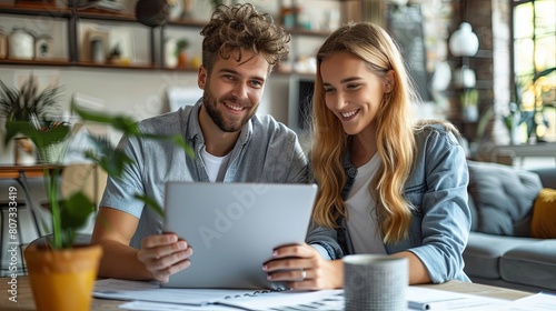 Young Man and Woman Reviewing Documents Together in a Stylish Living Room