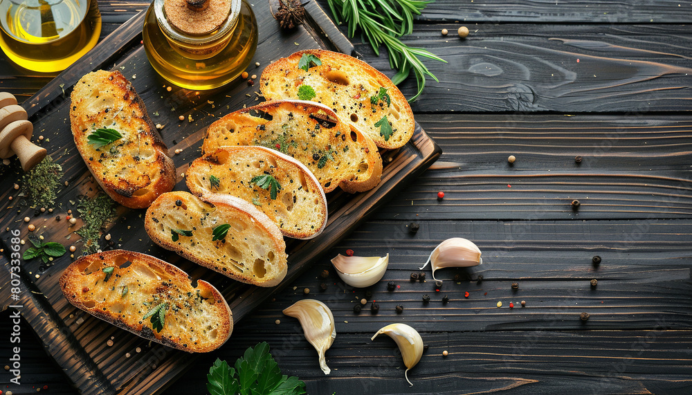 Composition with slices of toasted garlic bread, spices and oil on dark wooden background