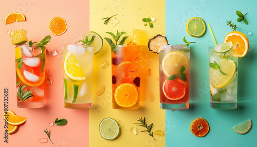 Collage of cold summer cocktails on color background