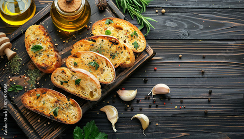 Obraz na płótnie Composition with slices of toasted garlic bread, spices and oil on dark wooden background w salonie