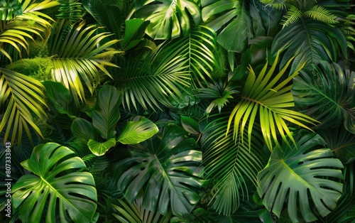 Dense tropical foliage with large green leaves and palm fronds. © Mark