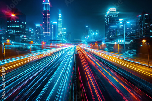 Futuristic speed neon light through the city