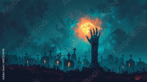 Zombie hand and cemetery view on Halloween background. Modern illustration.