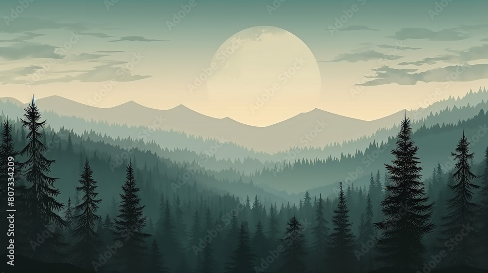 Obraz premium Misty landscape with fir forest in vintage retro style