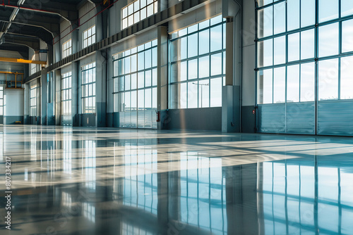 Modern Industrial Warehouse with Natural Light. The interior of a modern industrial warehouse with a shiny floor reflecting the ample natural light coming through large windows