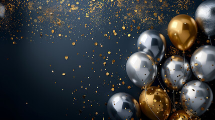 sliver and gold balloons with confetti on dark blue background