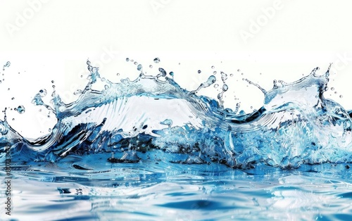 Dynamic splash of crystal clear blue water on a white background.