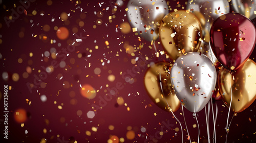 sliver and gold balloons with confetti on dark red background