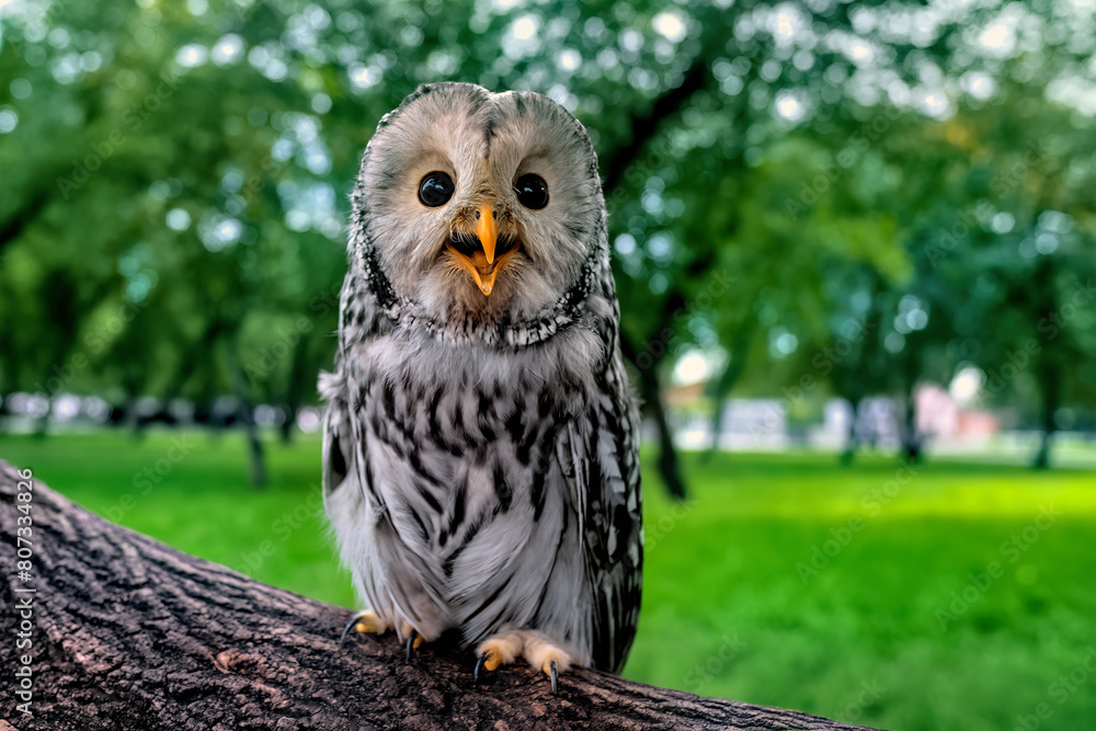 Fototapeta premium A big beautiful owl sits on a tree in the park. Close up.