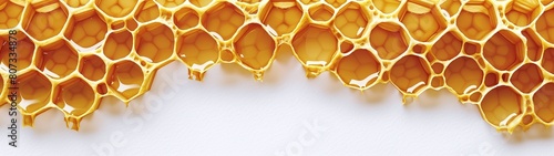 golden honeycomb dripping with fresh honey on white background