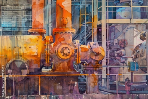 A watercolor painting of a factory with pipes and valves. Suitable for industrial concepts