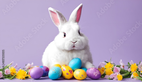 Easter colored eggs and rabbit on violet © anetlanda