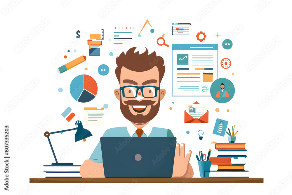 Illustration of young cheerful teacher man with laptop at the table on educational background with school items. International happy teachers day and online education success concept in vector style. Illustration of young cheerful teacher man with laptop at the table on educational background with school items. International happy teachers day and online education success concept in vector style.