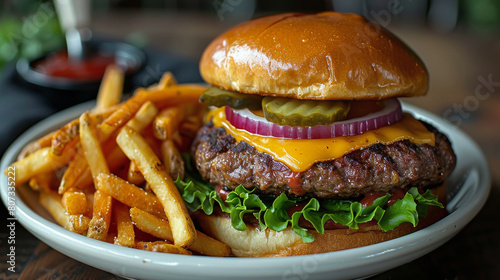 Hamburger and Fries on Plate on Table
