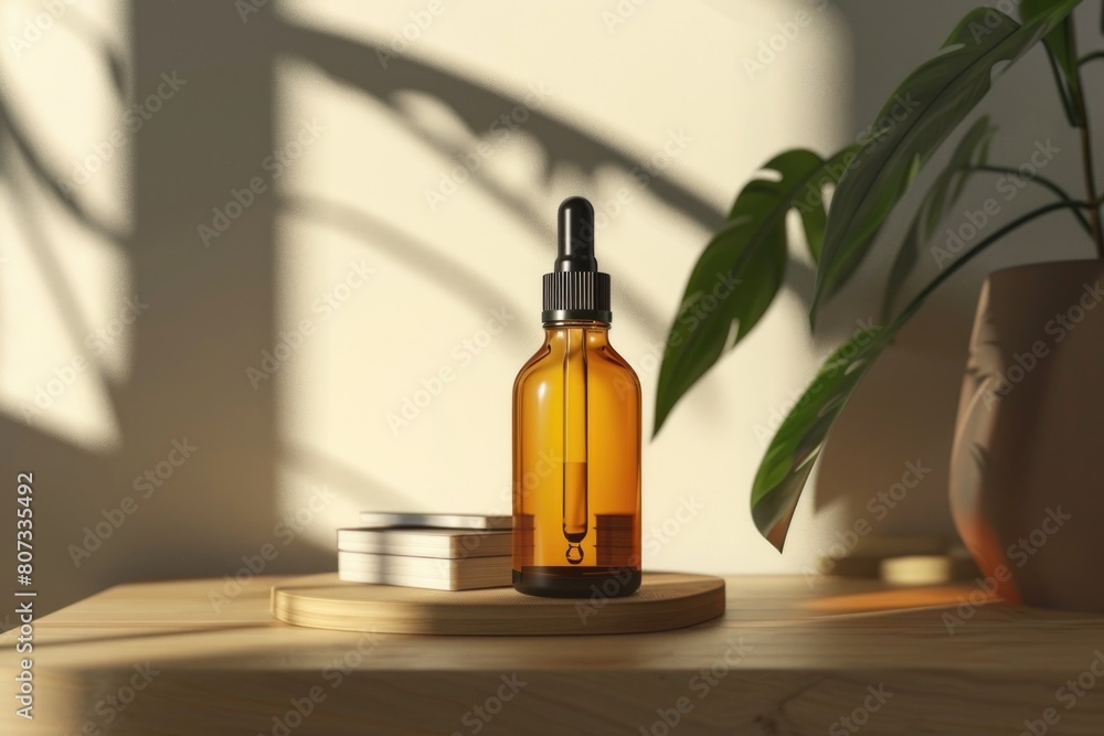 A bottle of oil next to a potted plant, suitable for kitchen or cooking concepts A bottle of oil next to a potted plant, suitable for kitchen or cooking concepts