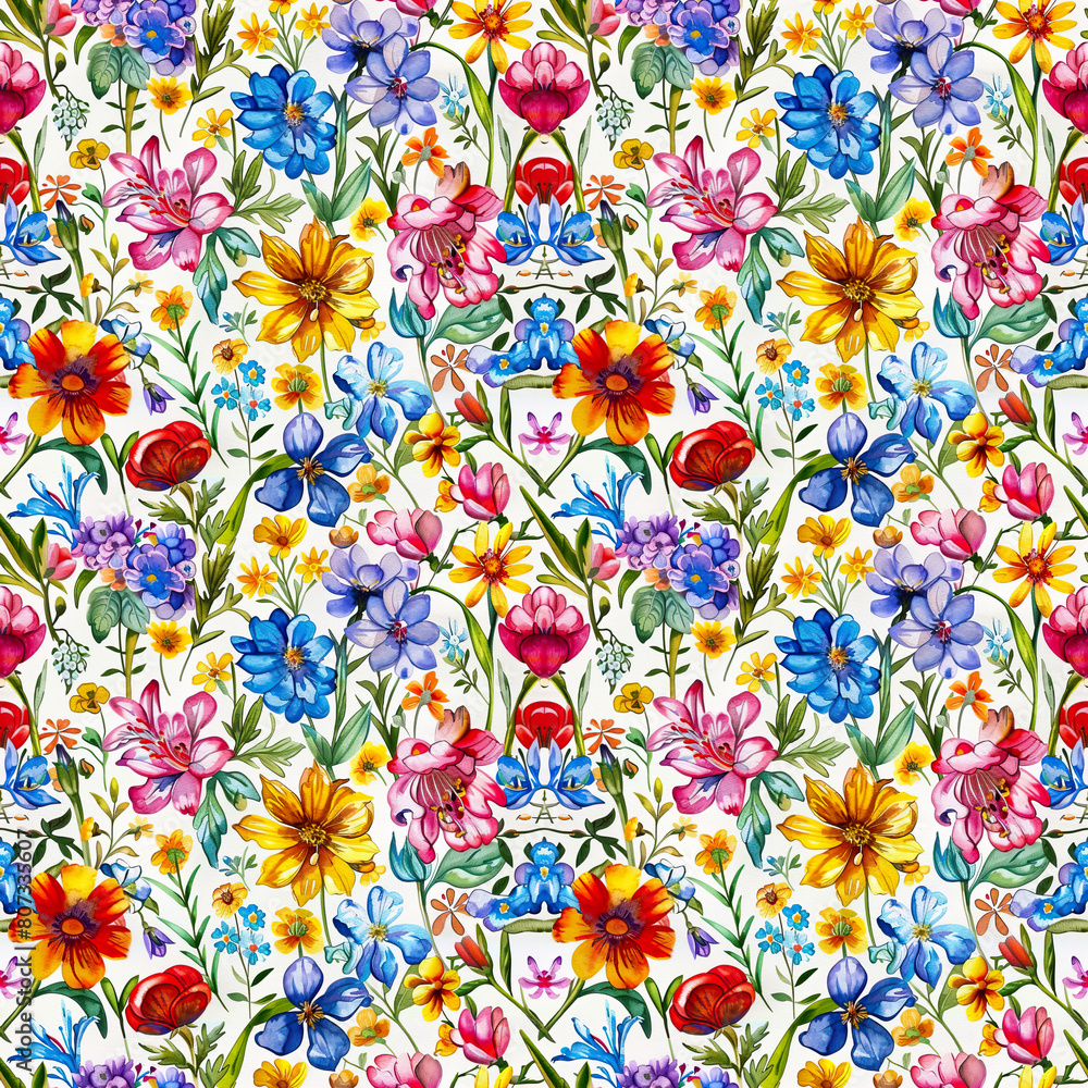 vibrant and colorful floral seamless pattern, flowers in shades of red, pink, blue, yellow, and purple