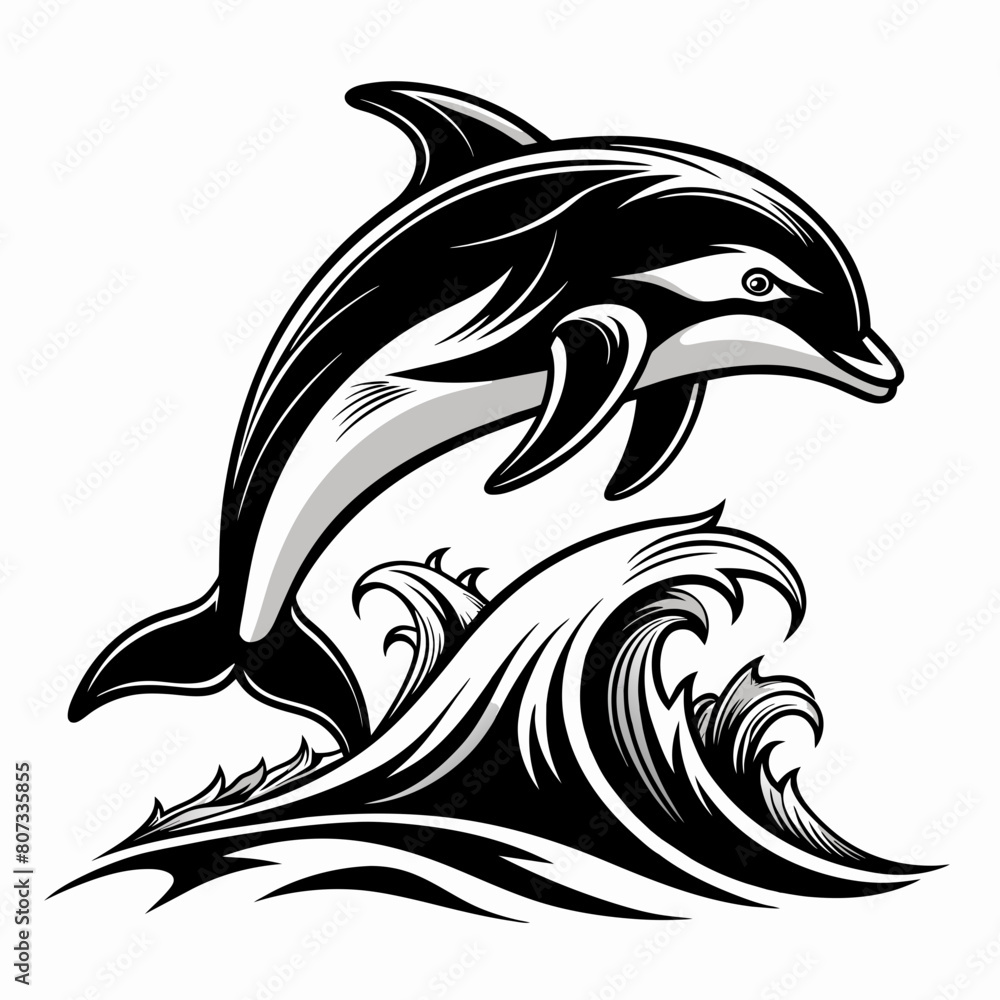 Dolphin over a wave engraving linocut vector silhouette white background Dolphin over a wave engraving linocut vector silhouette white background