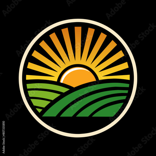 Morning Sunrise logo featuring a vibrant sun rising over a field vector illustration 