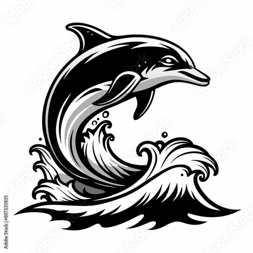 Dolphin over a wave engraving linocut vector silhouette  white background
