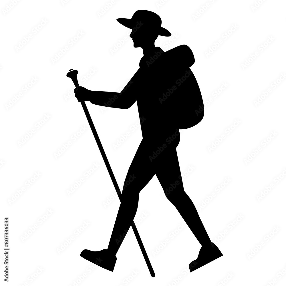 Man hiking with stick vector silhouette Man hiking with stick vector silhouette