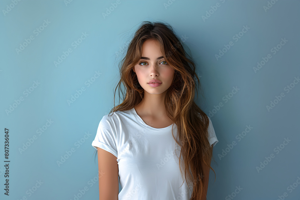 Young woman wearing bella canvas white shirt mockup, at blue background. Design tshirt template, print presentation mock-up. Young woman wearing bella canvas white shirt mockup, at blue background. Design tshirt template, print presentation mock-up.