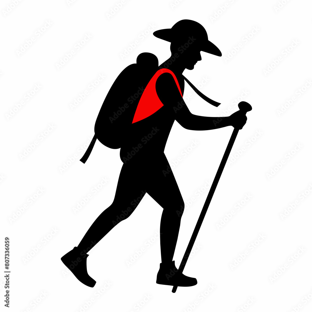 Man hiking with stick vector silhouette 