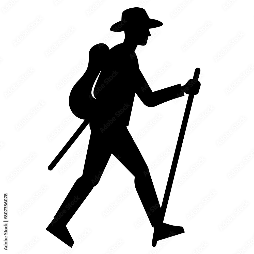 Man hiking with stick vector silhouette Man hiking with stick vector silhouette