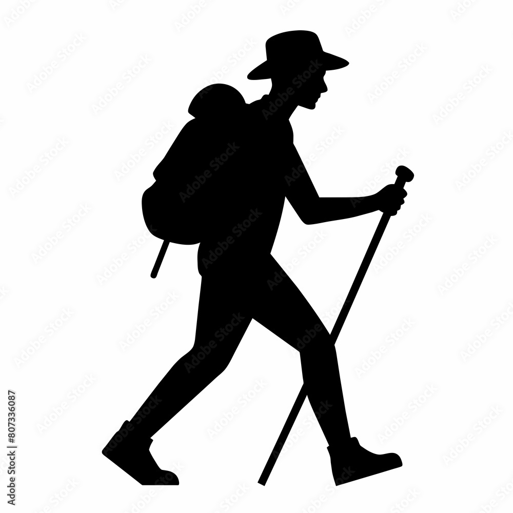 Man hiking with stick vector silhouette 