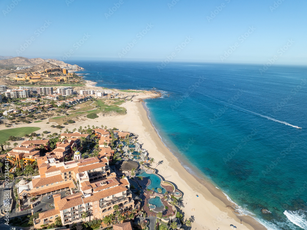 Aerial view of tropical beach with resorts in Cabo San Jose, Baja California Sur, Mexico