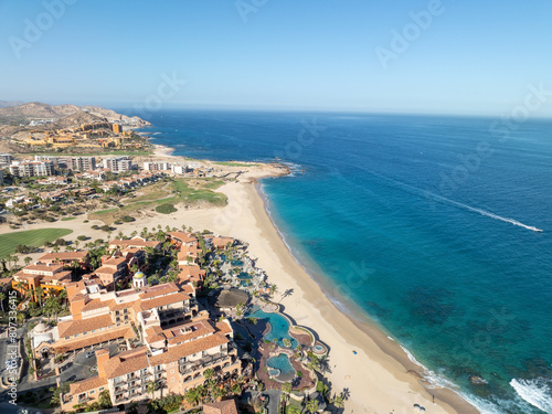 Obraz na płótnie Aerial view of tropical beach with resorts in Cabo San Jose, Baja California Sur, Mexico w salonie
