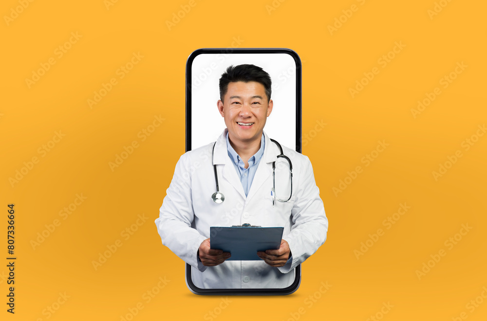 Asian mature man doctor provides health advice through a smartphone, standing inside the screen in a serene and professional setting Asian mature man doctor provides health advice through a smartphone, standing inside the screen in a serene and professional setting