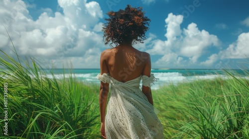 Woman in White Dress Walking Through Tall Grass