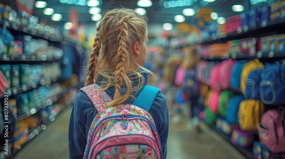Little Girl With Backpack in Store Aisle