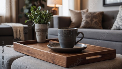 Earthy Elegance, Living Room Decorated with Gray and Brown Tones, Wooden Tray Resting on Coffee Table