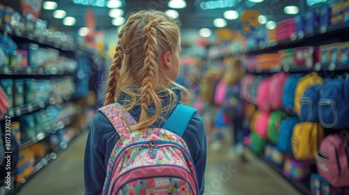 Little Girl With Backpack in Store Aisle