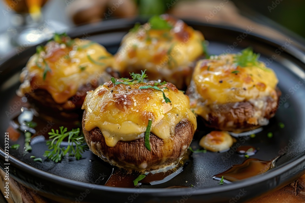 Delicious stuffed mushrooms on a black plate, perfect for food concept designs Delicious stuffed mushrooms on a black plate, perfect for food concept designs