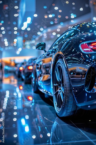 New cars display in luxury showroom with light bokeh in motor show event. © RodriguezGarcia