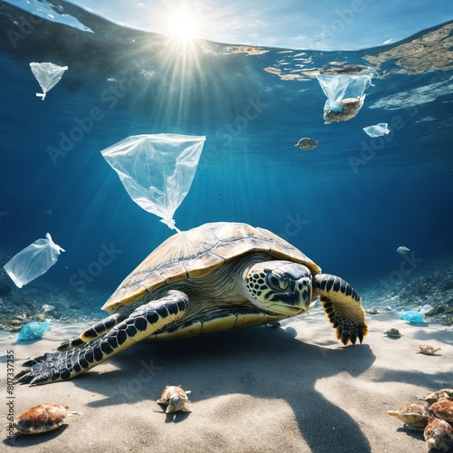 ocean turtle, plastic bags under the sea. Environmental conservation concepts and not throwing garbage