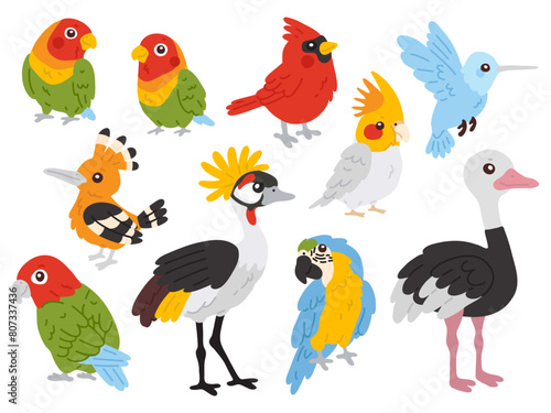 Vector illustration set of cute tropical birds for digital stamp,greeting card,sticker,icon,design