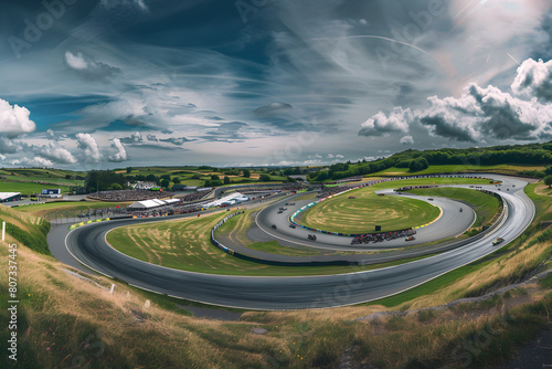 Unleashed Speed: A Panoramic Capture of Exhilarating TT Racetrack Action photo